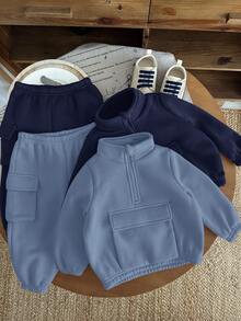 SHEIN 4pcs Baby Boys Casual Solid Color Thermal Lined Crew Neck Sweatshirt And Sweatpants Tracksuit Set, Warm For Autumn/Winter - Multicolor - View 1
