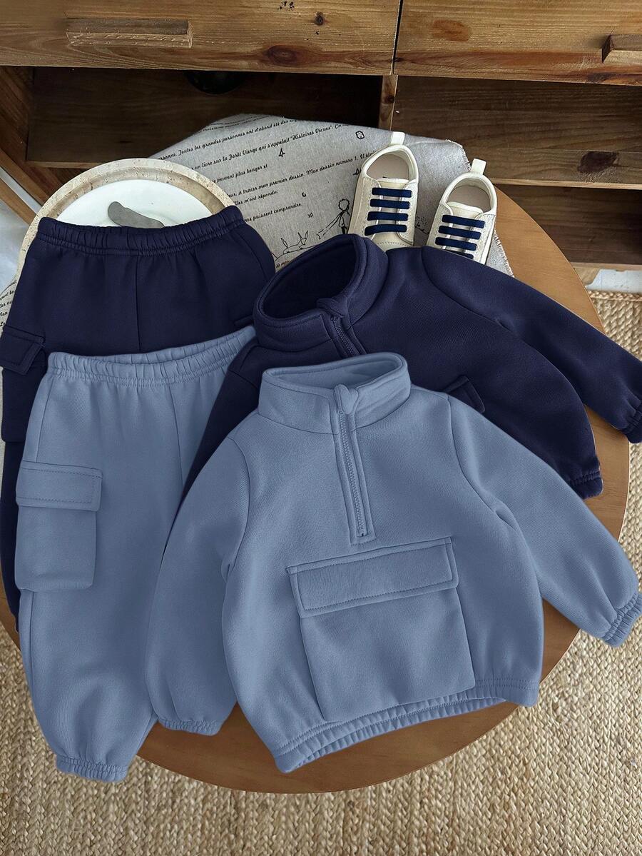SHEIN 4pcs Baby Boys Casual Solid Color Thermal Lined Crew Neck Sweatshirt And Sweatpants Tracksuit Set, Warm For Autumn/Winter - Multicolor - View 1