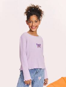 SHEIN Tween Girl Basic Casual Knit Butterfly Patch Stretchy Long Sleeve T-Shirt, New Autumn Collection - Mauve Purple - View 1