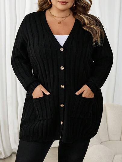 SHEIN CURVE+ Plus Size Women Loose Cardigan Sweater, Business Casual Country Holiday Top, Winter