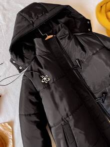 Tween 女童棉服外套，休闲百搭百搭，长款连帽棉服外套 - 黑色 - 查看 4