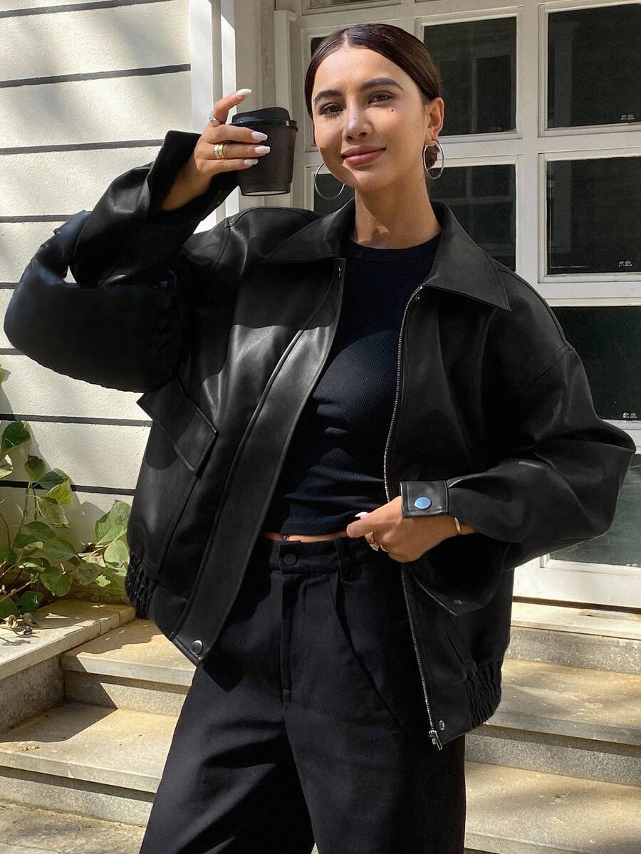 DAZY Áo khoác da PU rộng rãi thường ngày cho nữ, Bộ sưu tập áo khoác da mùa thu mới - màu đen - Xem 1