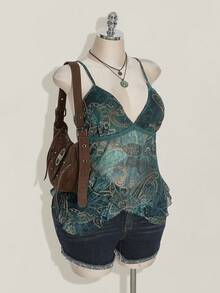 SHEIN ICON Damen Große Größen Urlaubs Cashew Blume Muster Rüschen Träger Camisole 4. Juli Damen süßes Sommer Top Ausgehoberteil - Blau - Übersicht 4