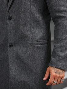 Manfinity Homme 男士加大码纯色翻领单排扣休闲外套，秋冬男士正装外套，男士长款灰色外套，男士灰色外套，男士长款羊绒商务休闲秋季男士冬季 - 深灰色 - 查看 4