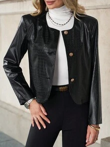 SHEIN Clasi 女士时尚通勤鳄鱼纹夹克，秋季 - 黑色 - 查看 5