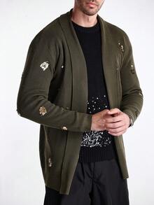 Manfinity CityGents 男士亮片装饰披肩领休闲开衫，秋冬 - 卡其色 - 查看 6