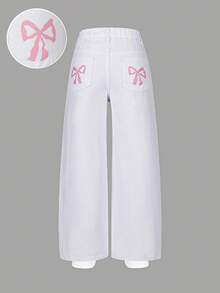 Sweetra Young Tween Girls Casual Fashion Light Blue Denim Color Butterfly Print Loose Wide Leg Relaxed Fit Comfortable Daily Versatile Washed Denim Pants Pink Bow Jeans Pants Y2k