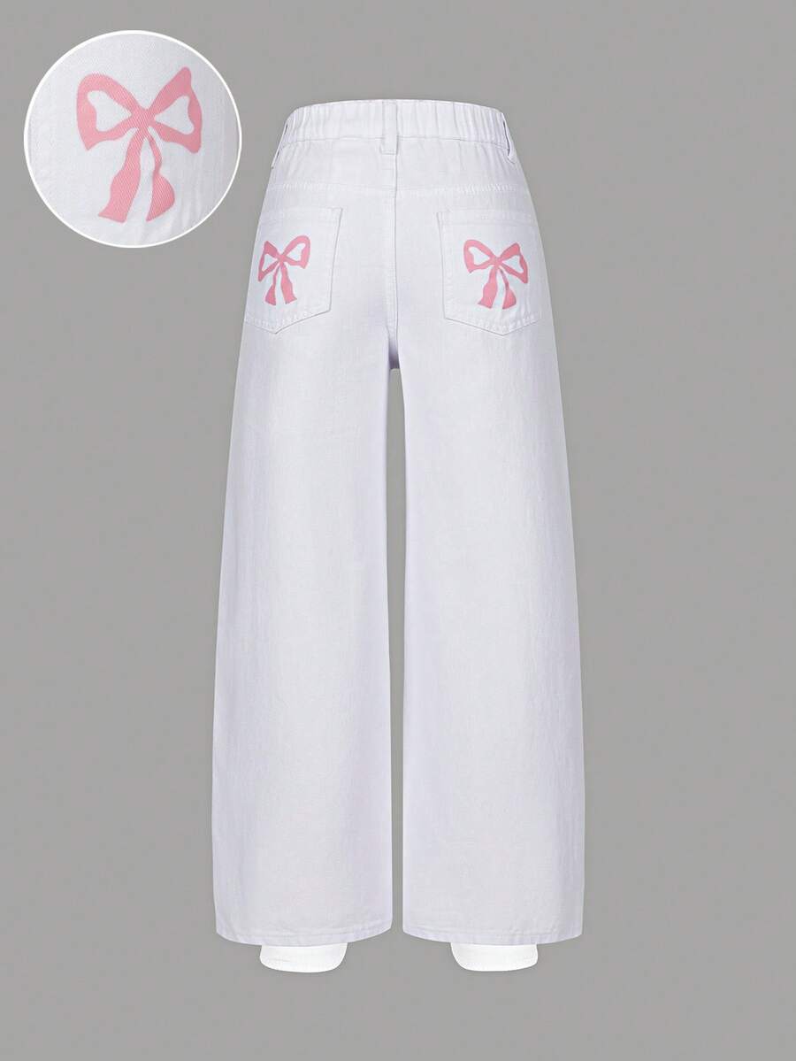 Sweetra Young Tween Girls Casual Fashion Light Blue Denim Color Butterfly Print Loose Wide Leg Relaxed Fit Comfortable Daily Versatile Washed Denim Pants Pink Bow Jeans Pants Y2k