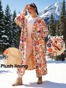 SHEIN VCAY Plus Size Women's Apricot Floral Print Hooded Long Sleeve Long Cardigan, Thermal Lined Casual Winter Ski Travel Cotton Jacket With Pockets Fall Clothes For Women , Autumn Clothes Women's Winter Coat Women's Winter Jacket, Zip Up Hooded For Women Winter Snow Coat