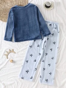 女童睡衣套装，长袖上衣和长裤，时尚韩版，蓝色毛绒上衣，蝴蝶印花毛绒裤子 - 藍色 - 查看 2