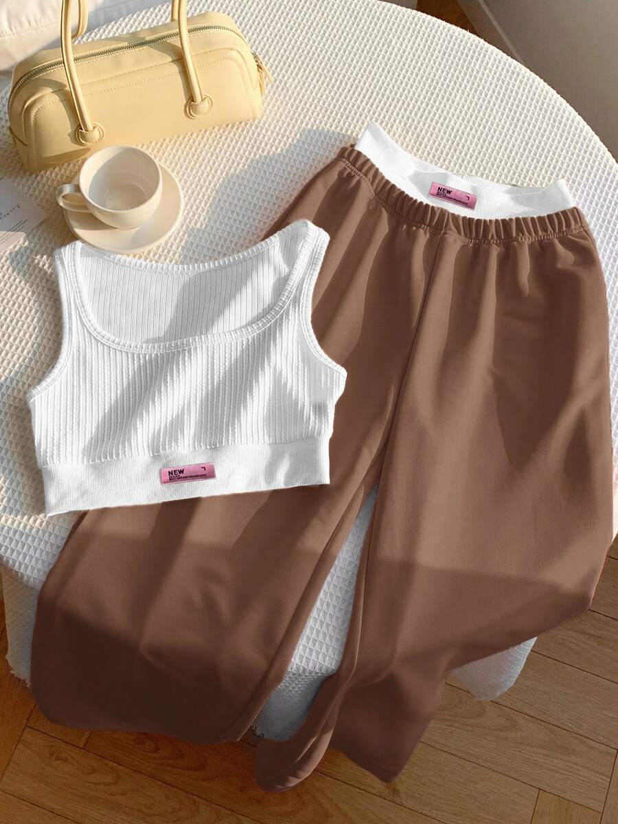 SHEIN Comfortcana 2 件套女士字母印花吊带背心和撞色拼色长裤套装，奶油黄色，夏季假期 - 咖啡棕 - 查看 1