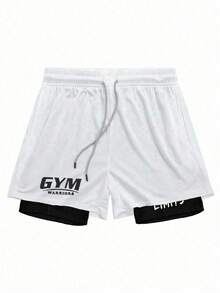 Manfinity Sport Corelite Men's Letter Print Drawstring Waist Sport Shorts Breathable Quick Dry Sweat-Wicking Pattern Design Baggy For Trail Running Training 2 In 1 Performance Shorts