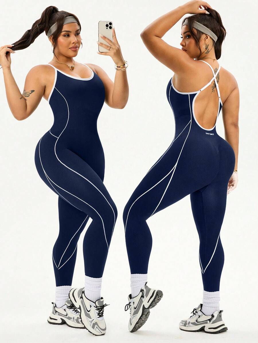 SHEIN Sports 大码女式撞色饰边细肩带露背交叉修身连体裤 - 藏蓝色 - 查看 1