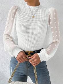 EMERY ROSE Damen Frühling/Herbst Lässig Urlaubs Elegante Stehkragen Patchwork Laternärmel Waffeltextur Passform Bluse