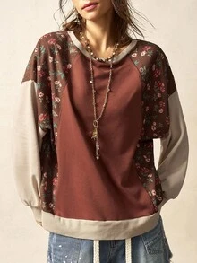 Bohemela 休闲针织拼布圆领碎花长袖宽松水洗女式上衣 - 摩卡棕 - 查看 3