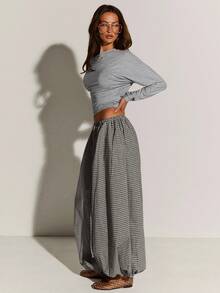 Athîral Women's Plaid Elastic Waist Loose Casual Balloon Pants, Summer - Black - View 5