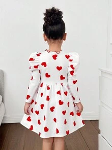 SHEIN Nova Glow Young Girl Valentine's Day Heart Print Round Neck Long Sleeve Casual Dress - Red and White - View 3