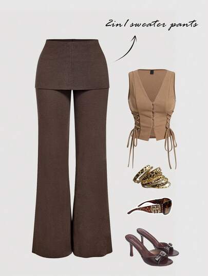 SHEIN MOD 女式纯色松紧腰拼布针织裙裤，秋季