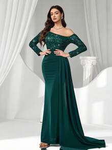 Coutiva Damen Abendkleid mit Pailletten, Volant an den Schultern, langärmlig, enganliegend, luxuriöses Abendkleid, Pailletten- und Perlenmanschetten-Design, elegantes Partykleid für Damen, langärmliges Abendkleid, für Hochzeitsgäste, Abschlussfeier, Abendessen
