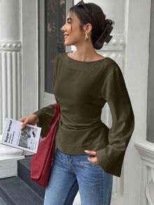 EMERY ROSE Women's Solid Color Round Neck Ruffle Flare Sleeve Fashion Blouse - Army Green - View 3