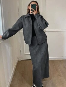 Livesso 女士秋冬宽松商务休闲外套和直筒裙两件套，适合办公室通勤。 - 深灰色 - 查看 4