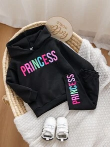 SHEIN 2pcs Baby Girl Casual Knit Letter Print Long Sleeve Sweatshirt And Pants Set Fall Winter - Black - View 7