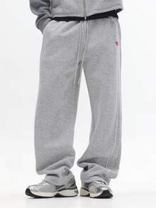 SUMWON 超舒适阔腿运动裤，抽绳腰带，宽松版型，休闲家居服，高级滚边细节，日常休闲冬季下装，纯色 - 淺灰色 - 查看 3