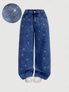 SHEIN MOD Celana Jeans Kasual Kaki Lebar Ukuran Besar dengan Hiasan Rhinestone dan Kantong - Dark Wash - View 1