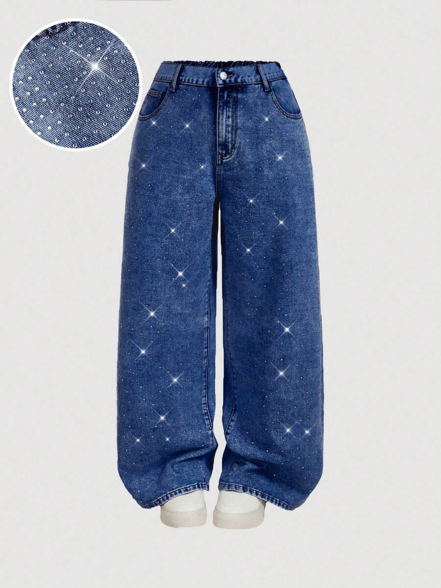 SHEIN MOD Celana Jeans Kasual Kaki Lebar Ukuran Besar dengan Hiasan Rhinestone dan Kantong - Dark Wash - View 1