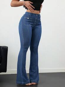 SHEIN PETITE CURVE 大码女式纽扣前袋喇叭裤休闲牛仔裤，适合夏季、秋季返校季、返校节等场合，可爱千禧风，机场时尚，低调复古，适合教师等场合。 - 中等水洗藍 - 查看 4