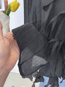 INAWLY French V-Neck Pleated Ruffle Tie Blouse