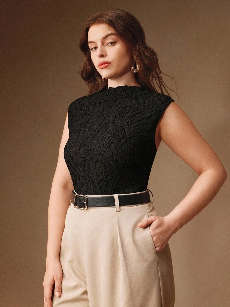 Regata Ajustada com Gola Babado em Tecido Texturizado de Cor Sólida para Mulheres Plus Size, Adequada para Outono, Primavera, Saída, Elegante, Formal, Festa, Chique, Ano Novo, Natal, Formatura