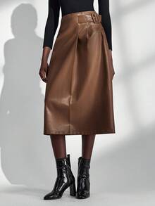 Chiquease Vintage Brown Skirt, Fashionable Waist-Cinched Leather Skirt, Elegant Retro Women's Skirt - Brown - View 1