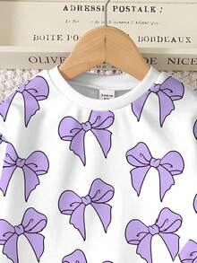 SHEIN Leap Crew Bộ 2 quần nỉ cổ tròn in nơ cổ điển thường ngày cho bé gái tuổi teen, thoải mái cho mùa thu/đông - Nhiều màu - Xem 5
