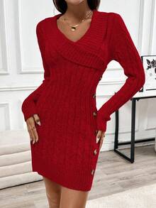 Glyssa Collared Knit Long Sleeve Comfortable Sweater Dress - Red - View 7