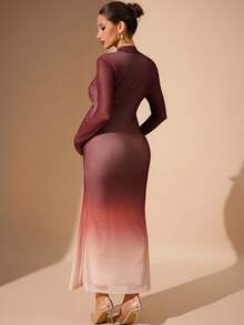 MaterniChic Ombre Long Sleeve Fitted Maternity Dress For Party & Gathering Autumn/Winter Long Party Dresses Pregnancy Photoshoot Dress Elegant Party - Red - View 2