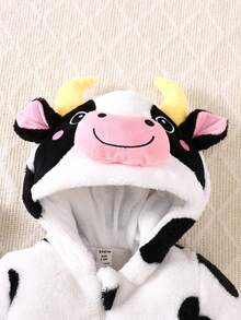 SHEIN Newborn Cow Shaped Outfit, Cute 3D Embroidered Hat, Plush Long Sleeve Jumpsuit With Long Pants, Baby Clothing Set - Black and White - View 5