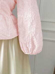 Rometta 大码女式纹理方领泡泡袖收腰优雅荷叶边下摆衬衫 - 粉色 - 查看 5