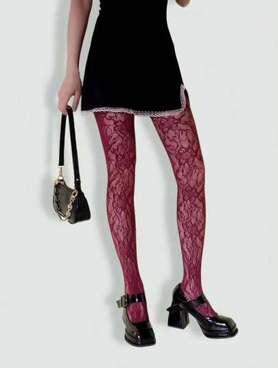 Goth Black Floral High Elasticity Fishnet Pantyhose