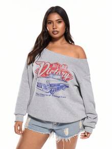 Solavibe Damen Große Größen Loose Fit Lässig Minimalistische Rennwagen Muster Oversize Sweatshirt, Drop-Shoulder, Ausschnitt, Herbst/Winter - Hellgrau - Übersicht 1
