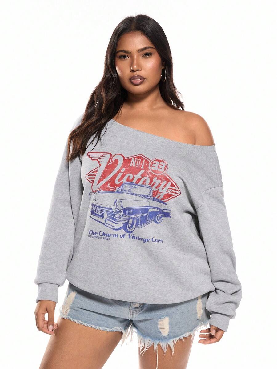 Solavibe Damen Große Größen Loose Fit Lässig Minimalistische Rennwagen Muster Oversize Sweatshirt, Drop-Shoulder, Ausschnitt, Herbst/Winter - Hellgrau - Übersicht 1