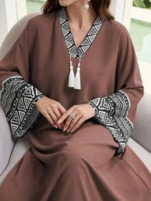 Al Najma 女式优雅几何印花拼接宽松长款开衫连衣裙，秋季 - 粉色 - 查看 1