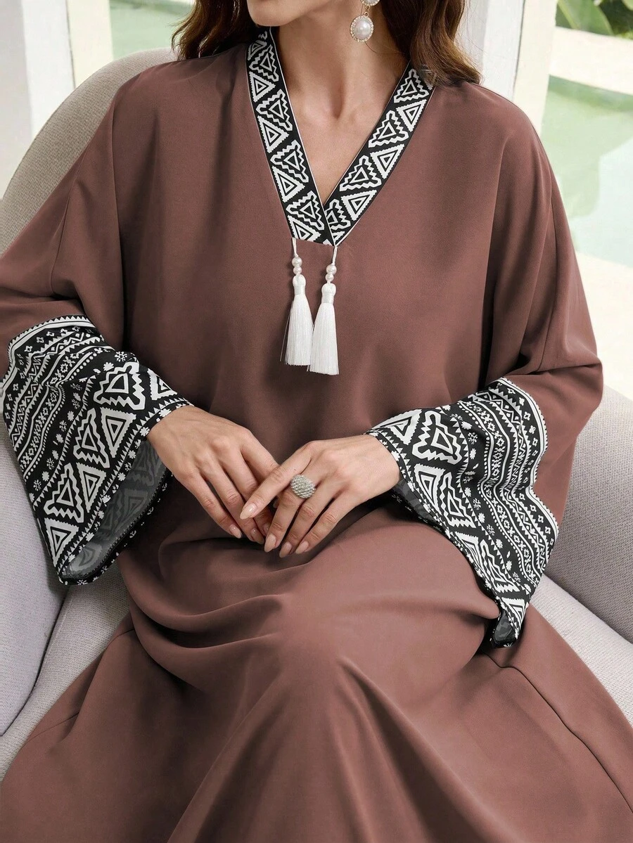 Al Najma 女式优雅几何印花拼接宽松长款开衫连衣裙,秋季 - 粉色 - 查看 1