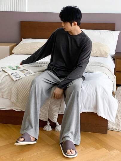 DAZY Men's Solid Color Elastic Waist Casual Pajama Set, Suitable For Autumn, Fall Winter Clothes