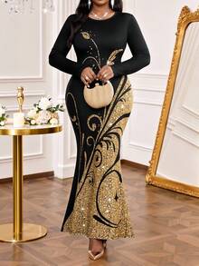 SHEIN Lady 春夏秋冬大码针织圆领印花长袖修身鱼尾版金仿钻印花大码长连衣裙 - 彩色 - 查看 3