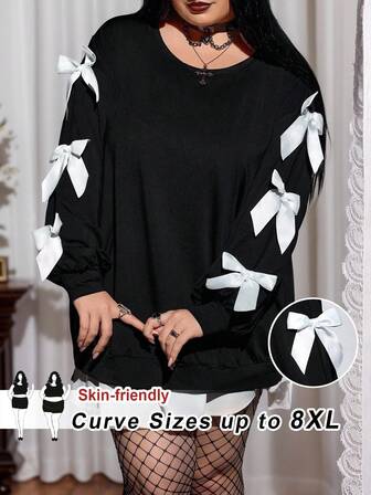 SHEIN CURVE+ Plus Size Women's Black T-Shirt With Butterfly Sleeve Bow/Autumn /Winter Halloween