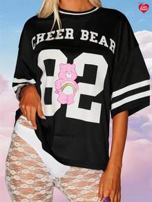 MISSGUIDED x Carebears Oversized Jersey T Shirt Cheer Bears Street Style Casual Loose Fit Y2K Fashion 80s 90s Retro Nostalgic Graphic Design Festival Summer Top - Black - View 5