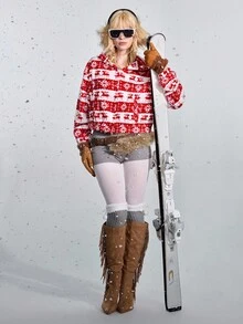 ROMWE Avant Christmas Reversible Fleece Snowflake & Deer Graphic Hoodie - Multicolor - View 6