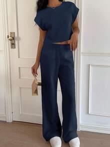 CovetEZ 海军蓝针织女式圆领蝙蝠袖短袖上衣和裤子休闲家居服套装 - 藏蓝色 - 查看 6