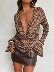 Aloruh Women's Faux Fur Wavy Striped Plunging Neck Long Sleeve Flare Cuff Backless Tie Back Blouse